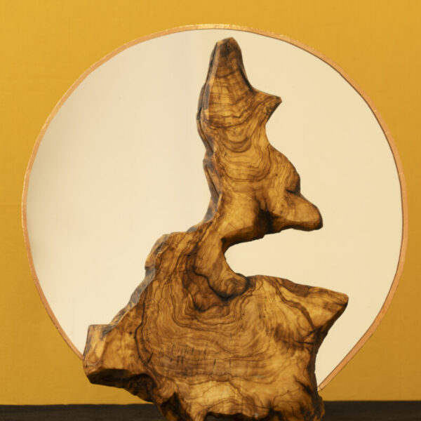 Miroir mural en bois d’olivier fait main avec forme libre et glace ronde
