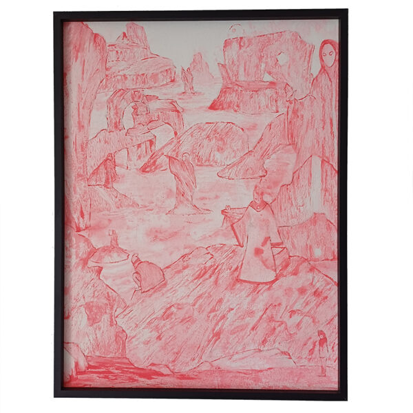 Tableau Signemonde de Baptiste Cupit, gouache rouge sur papier japonais dans un cadre aluminium 30 x 40 cm