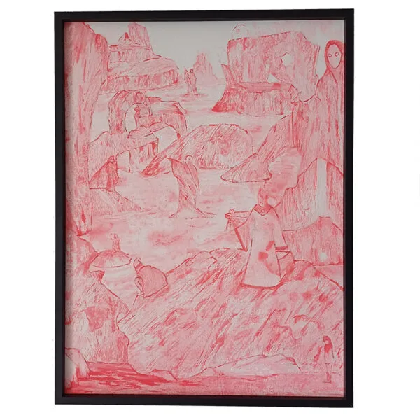 Tableau Signemonde de Baptiste Cupit, gouache rouge sur papier japonais dans un cadre aluminium 30 x 40 cm