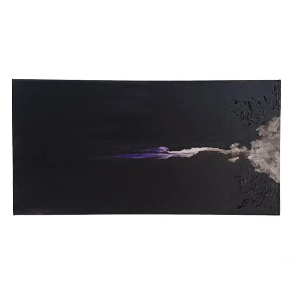 Tableau abstrait Amagourite de Baptiste Cupit, toile noire avec faille lumineuse et accent violet