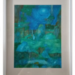 Tableau d'artiste nocturne, aquarelle originale encadrée de Baptiste Cupit aux tons bleu et vert
