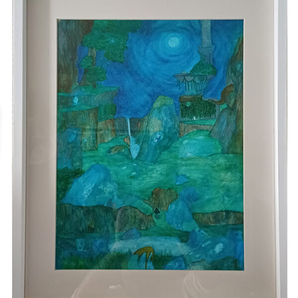 Tableau d'artiste nocturne, aquarelle originale encadrée de Baptiste Cupit aux tons bleu et vert