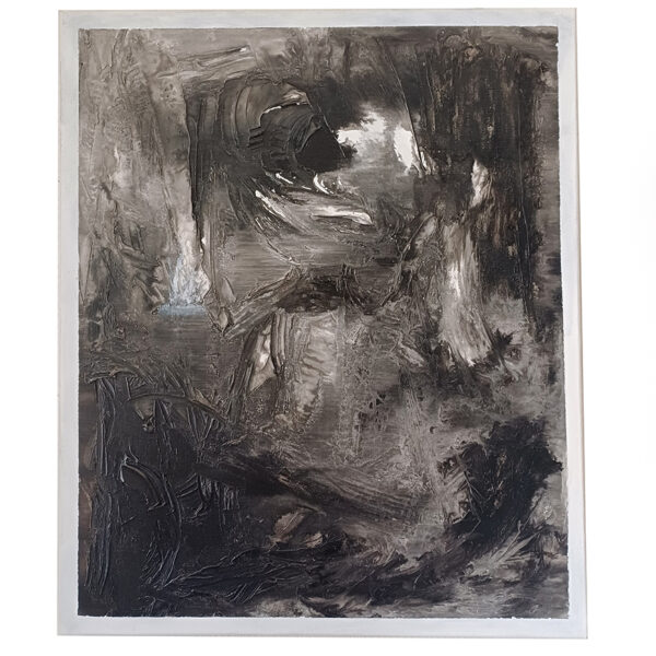 Tableau abstrait en relief noir gris et blanc Mouvafeu par Baptiste Cupit