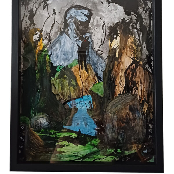 Tableau Puissamere de Baptiste Cupit, œuvre originale multitechnique sur papier encadrée en bois sous verre, format 50 x 40 cm