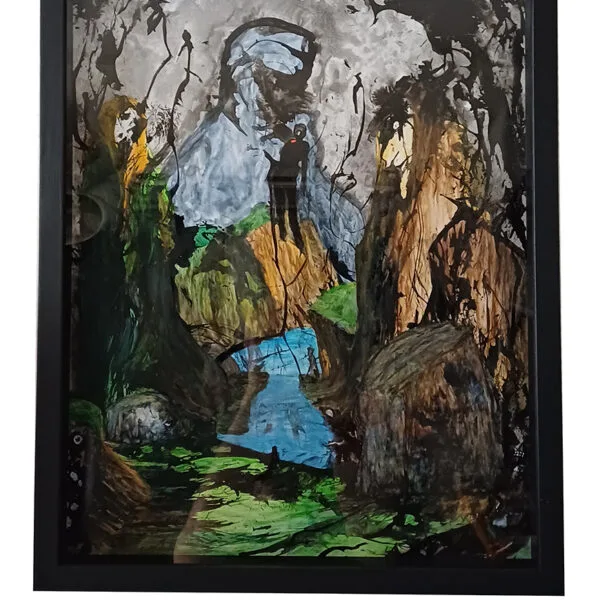 Tableau Puissamere de Baptiste Cupit, œuvre originale multitechnique sur papier encadrée en bois sous verre, format 50 x 40 cm