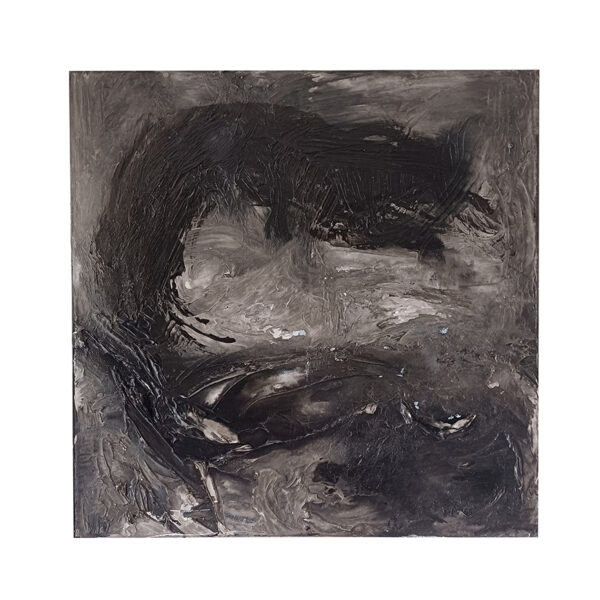 Tableau abstrait Crififorme de Baptiste Cupit, oeuvre originale texturée en noirs et gris, format 40 x 40 cm