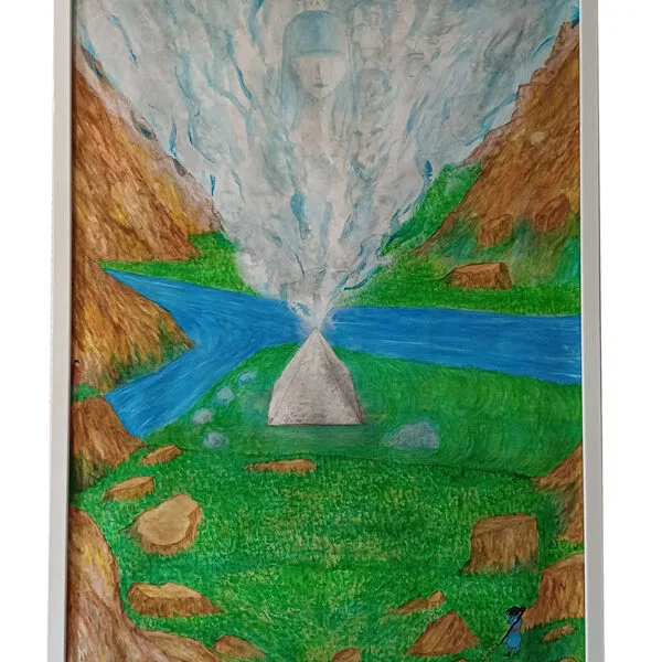 Tableau Louna Vrisa de Baptiste Cupit, aquarelle originale encadrée en bois récupéré représentant un paysage lumineux et onirique