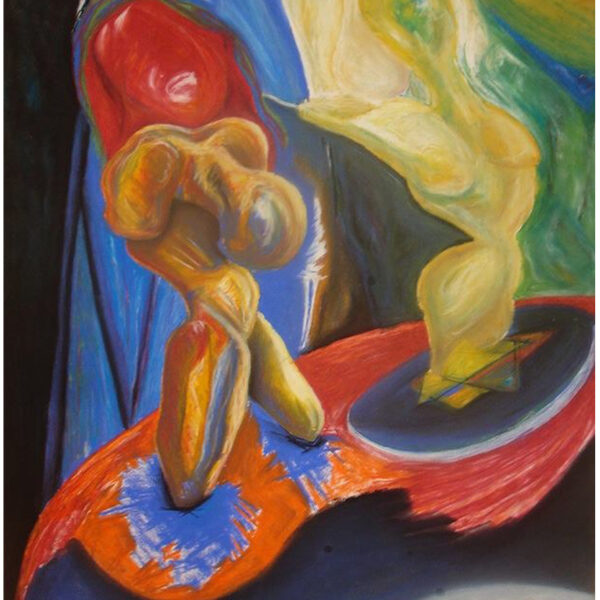 Tableau abstrait La mécanique des forces signé Eric Baudard, composition organique aux couleurs vibrantes sur fond bleu