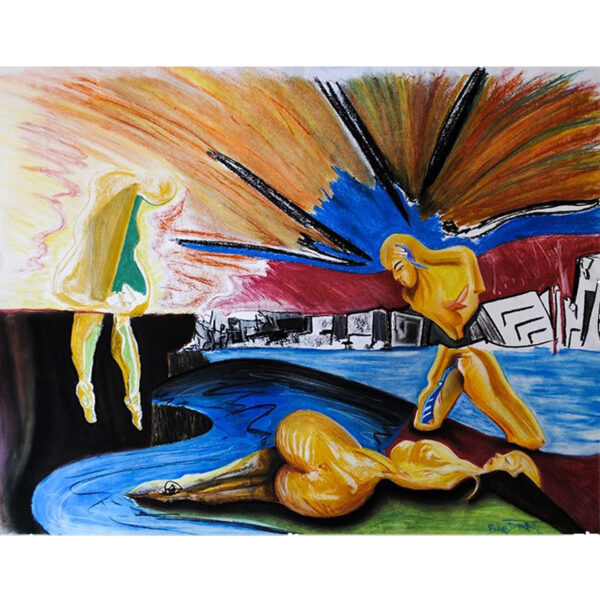 Tableau pastel original Le Fil par Eric Baudard, composition contemporaine de 50 x 65 cm aux silhouettes et lumières contrastées