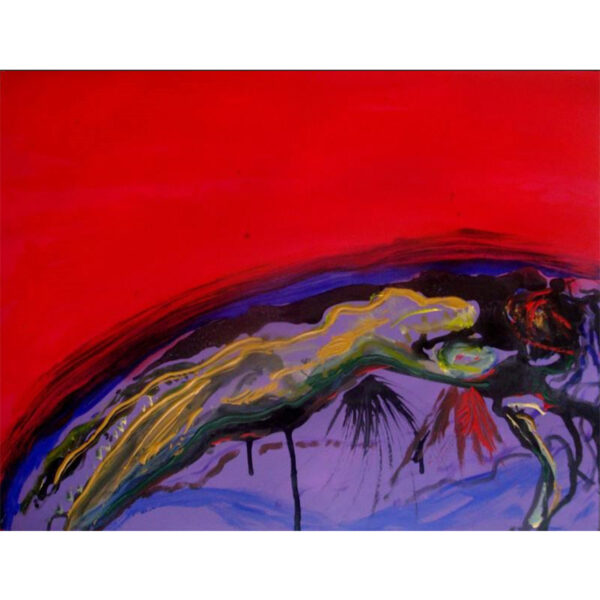 Tableau original Extase à même la terre par Eric Baudard, peinture contemporaine figurative aux tons rouges, violets et bleus