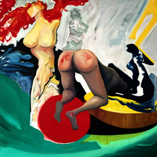 Tableau eXo d’Eric Baudard, huile sur toile figurative de 80 x 80 cm aux couleurs intenses