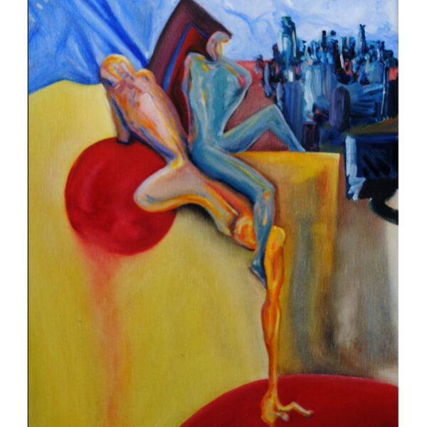 Tableau original Au-delà de la cité par Eric Baudard, peinture contemporaine colorée au format 38 x 55 cm