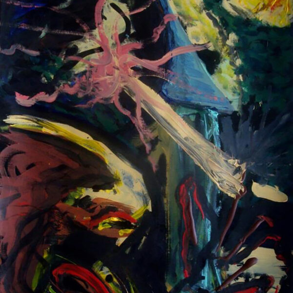 Tableau Au feu des soleils par Eric Baudard, peinture abstraite expressive aux couleurs solaires, format 50 x 60 cm