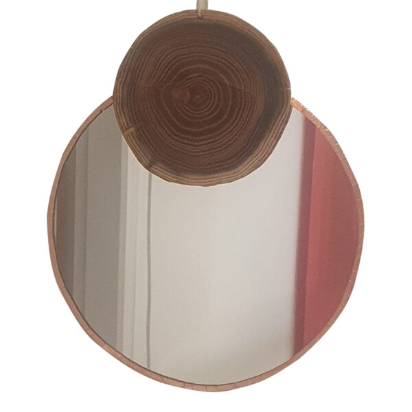 Miroir rond artisanal avec tranche d’acacia naturelle en partie haute