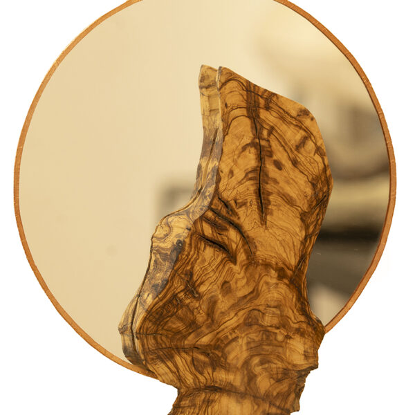 Miroir rond en bois d’olivier sculpté à la main, pièce artisanale murale au veinage naturel