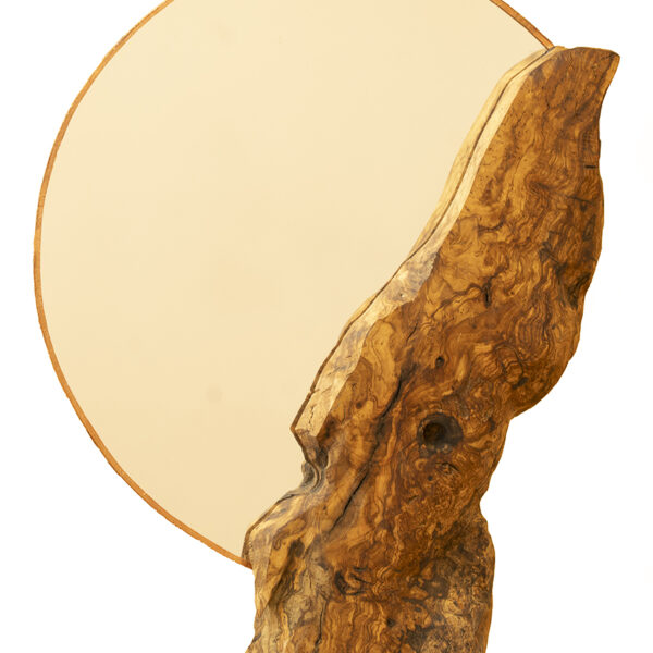 Grand miroir rond en bois d’olivier sculpté à la main, à suspendre au mur