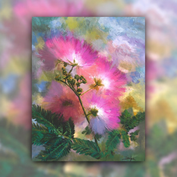 Tableau Albizia Nacré en acrylique sur toile avec fleurs nacrées et fond texturé