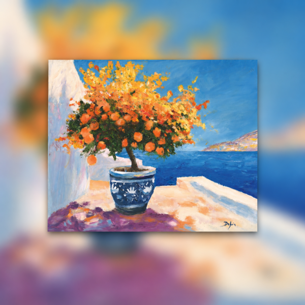 Tableau à l’huile sur toile Eclats d’orange et d’Azure, œuvre originale lumineuse au format 30 x 40 cm