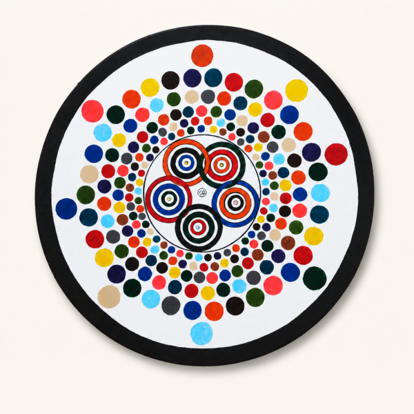Tableau rond de Claude Sauvage avec cercles colorés, œuvre originale du Rondisme
